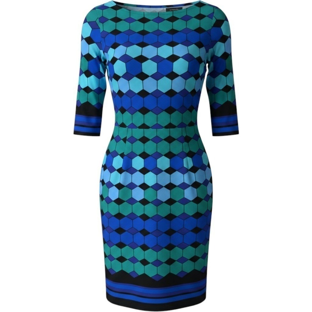 Laura Jeffries Dress Womens 16 Blue Green Geometric Sheath Mod Stretch 3/4 Slv